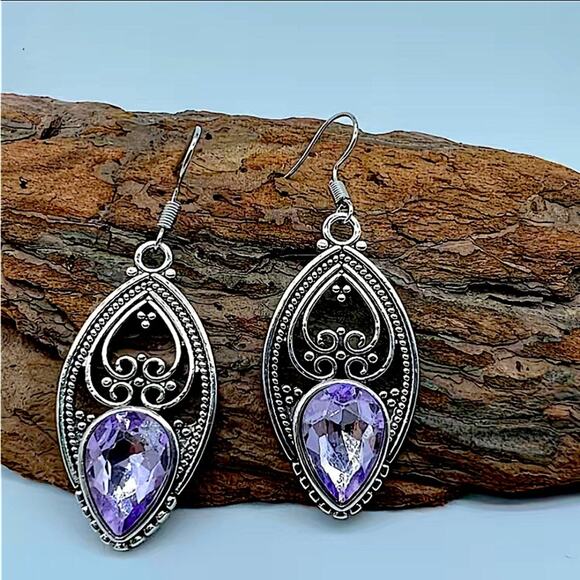 Silver Amethyst Hollow Out Vintage Dangle Boho Earrings - Picture 4 of 5